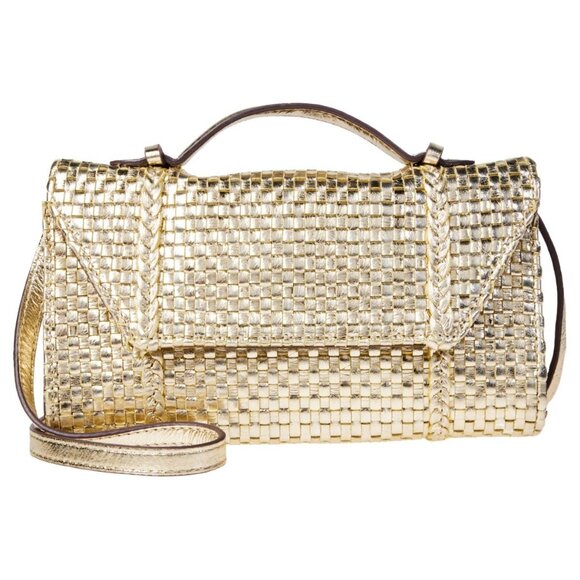 Christian Siriano Handbags - C Wonder by Christian Siriano Woven Leather Clutch Handbag Gold Metallic Party